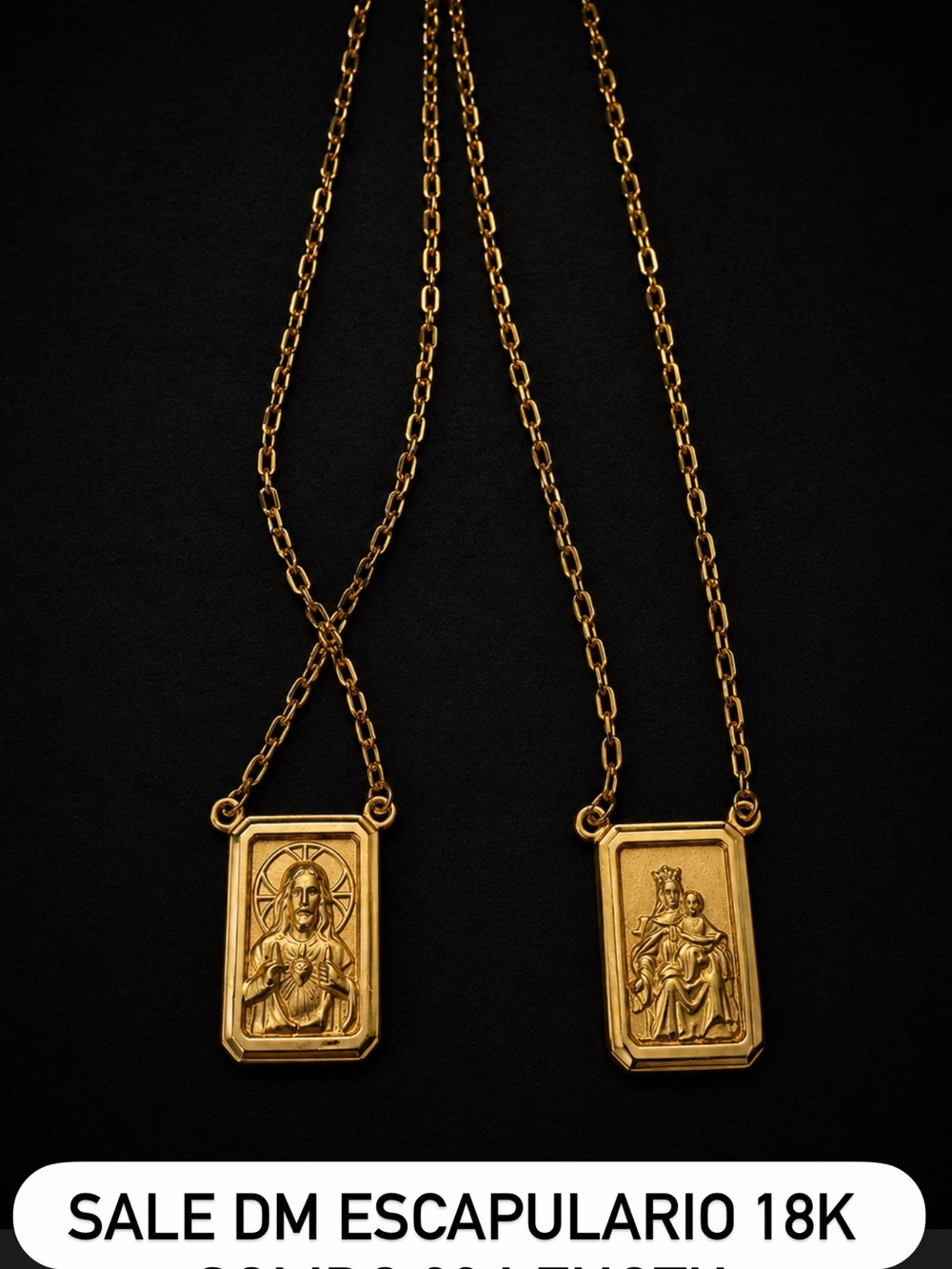 18K Gold Escapulario Pendant Necklace - Religious Rectangular Medal